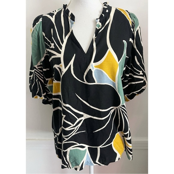 Ann Taylor • Linen Blend Black Green Yellow Blue Pattern Blouse - Picture 1 of 5
